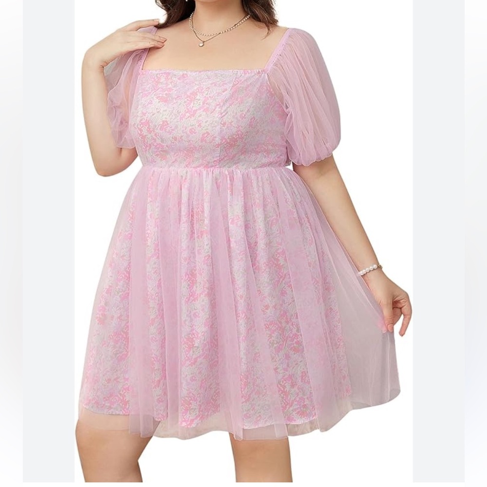 WDIRARA Women's 3XL Light pink mesh floral Mini‎ Dress